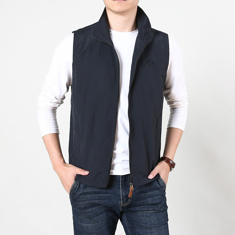 Herr Sleeveless Utility Väst med Ståkrage, Dragkedja och Fickor