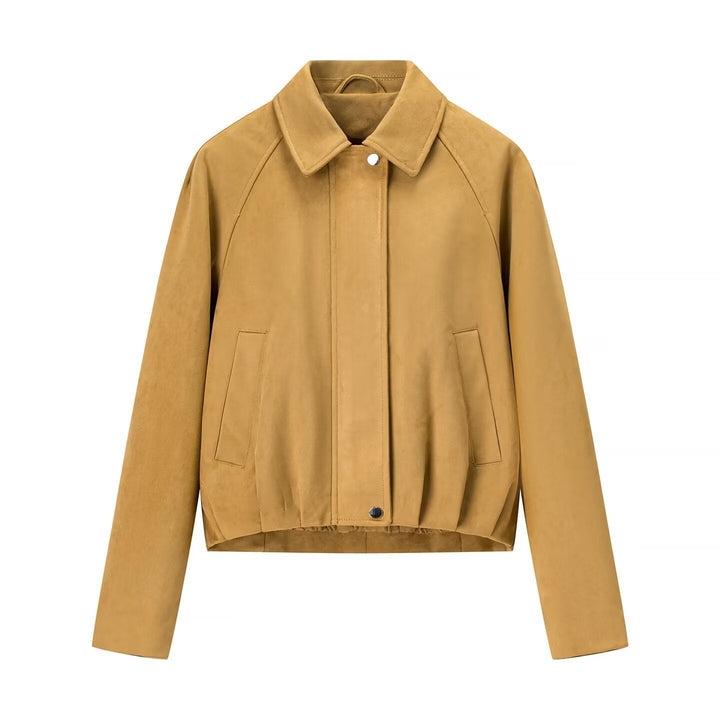 Dam kort blousonjacka tillverkad av velour look med skjortkrage, raglanärmar, och elastisk fåll