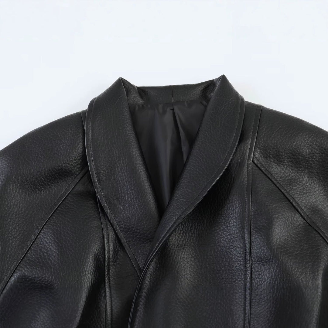 Dam Läderlook Wrap Jacka med Tie Belt