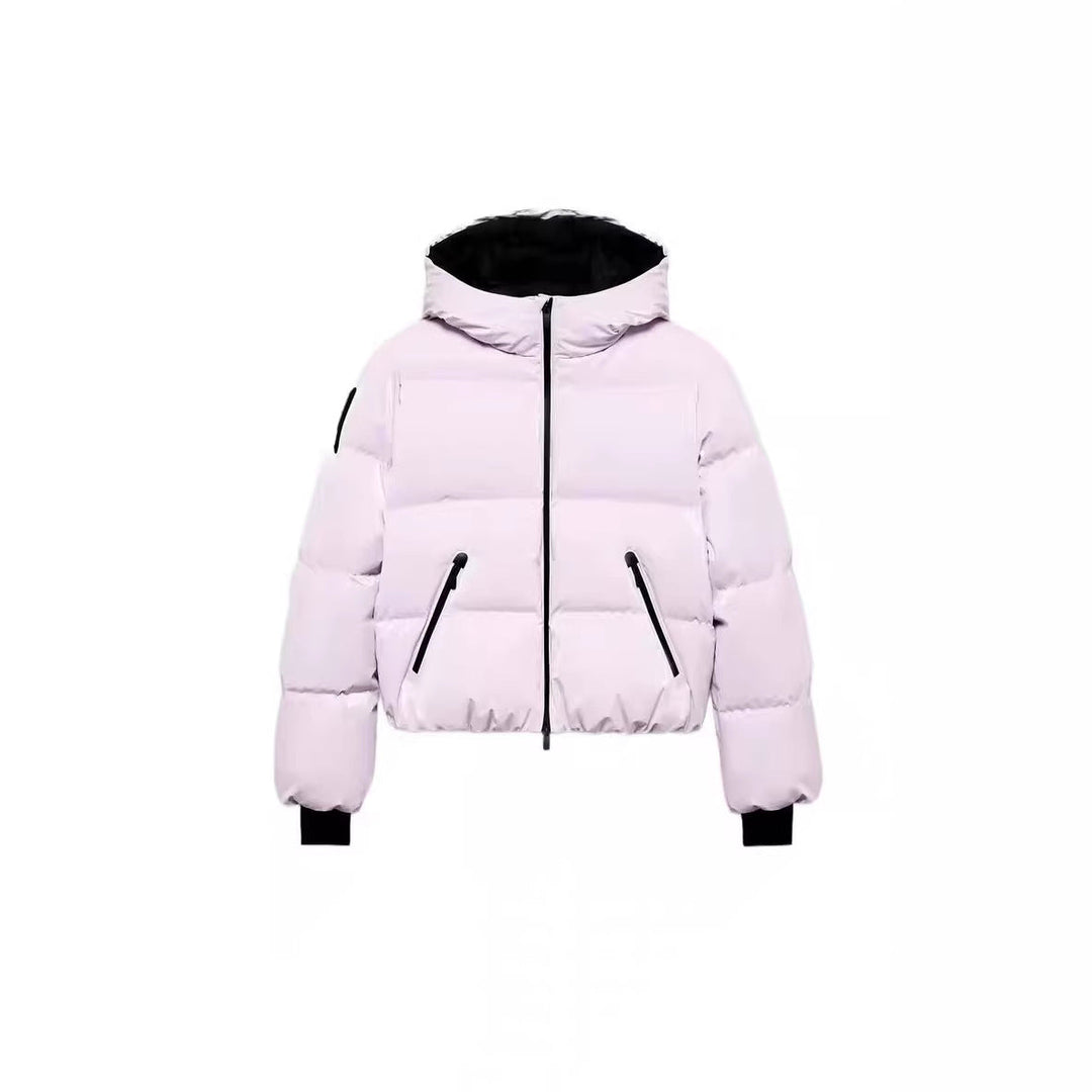 Dam Kort Vadderad Bomber-Stil Jacka med Huva med Elastic Fåll och Zippered Fickor