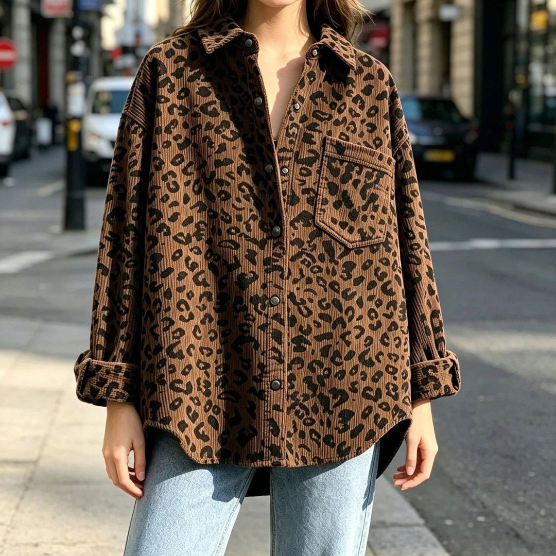 Dam Oversized Cord Skjorta Jacka med Leopardmönster och Tryckknapp Knappar