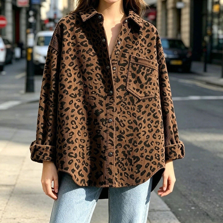 Dam Oversized Cord Skjorta Jacka med Leopardmönster och Tryckknapp Knappar