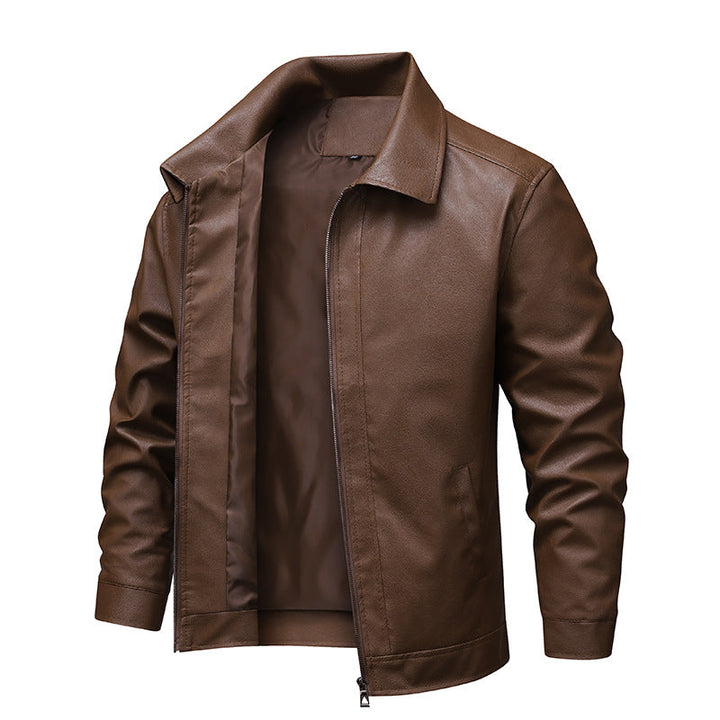 Herr Smal Passform Konstläder Blouson i Vintage Flight Stil med Skjorta Krage och Dragkedja
