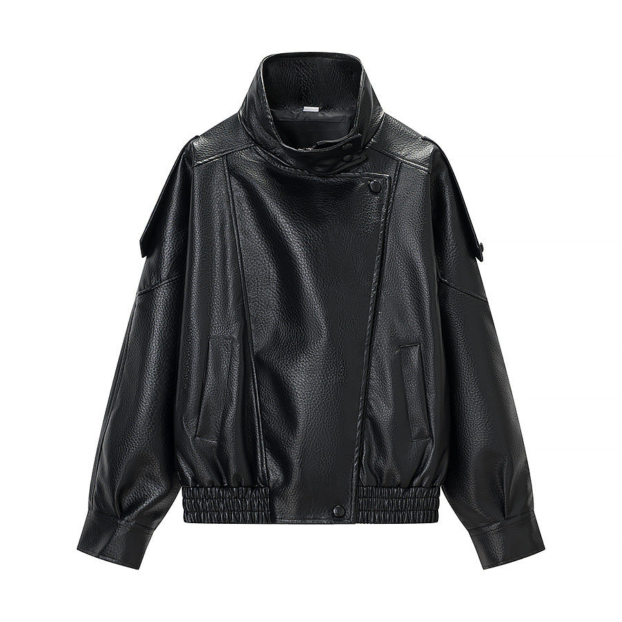 Dam oversize konstläder jacka med hög ståkrage, Asymmetrical knappslå och Elastic fåll