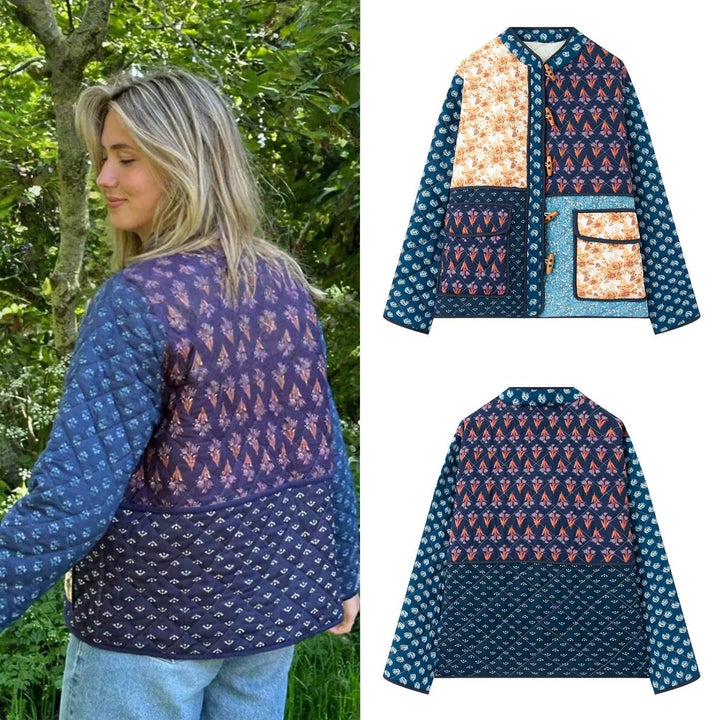 Dam Vadderad Patchwork Quiltad Jacka med Toggle Stängningar och Utanpåfickor