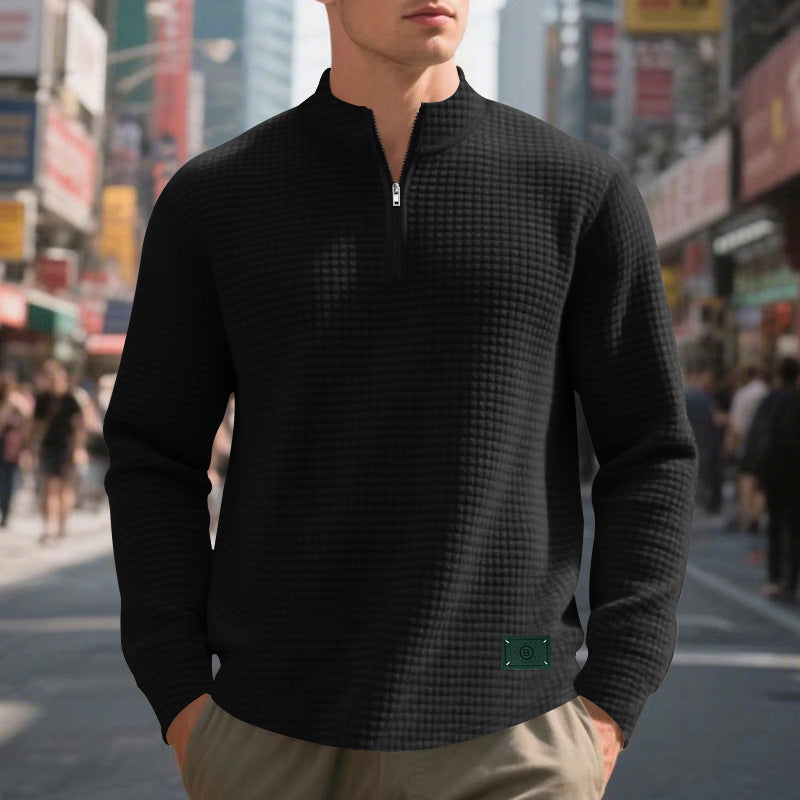 Herr Nano Lätt Waffle Stickad Pullover med Kort Krage Dragkedja och Rounded Fåll