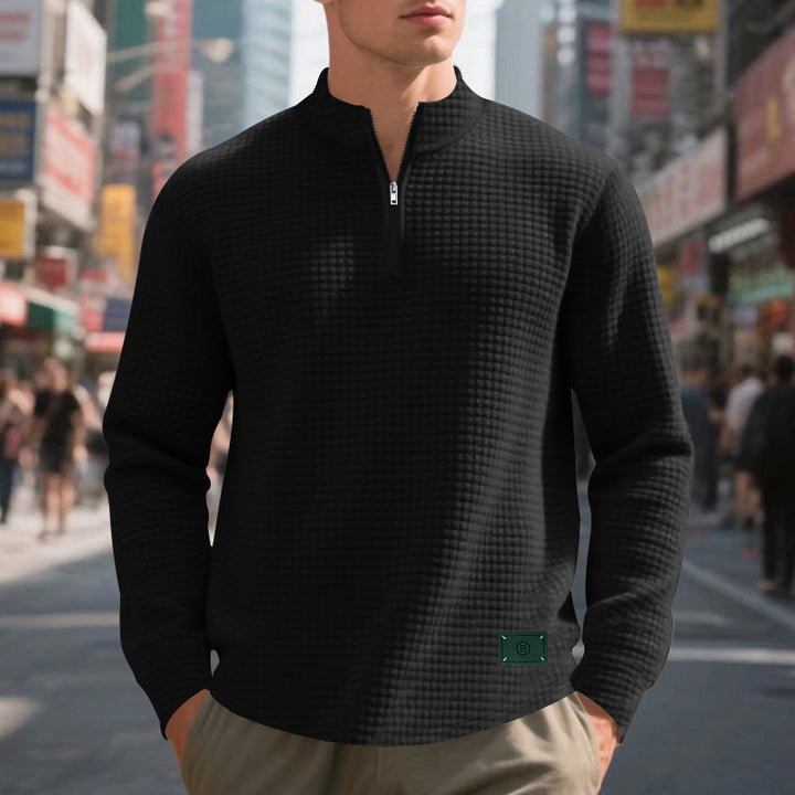 Herr Nano Lätt Waffle Stickad Pullover med Kort Krage Dragkedja och Rounded Fåll