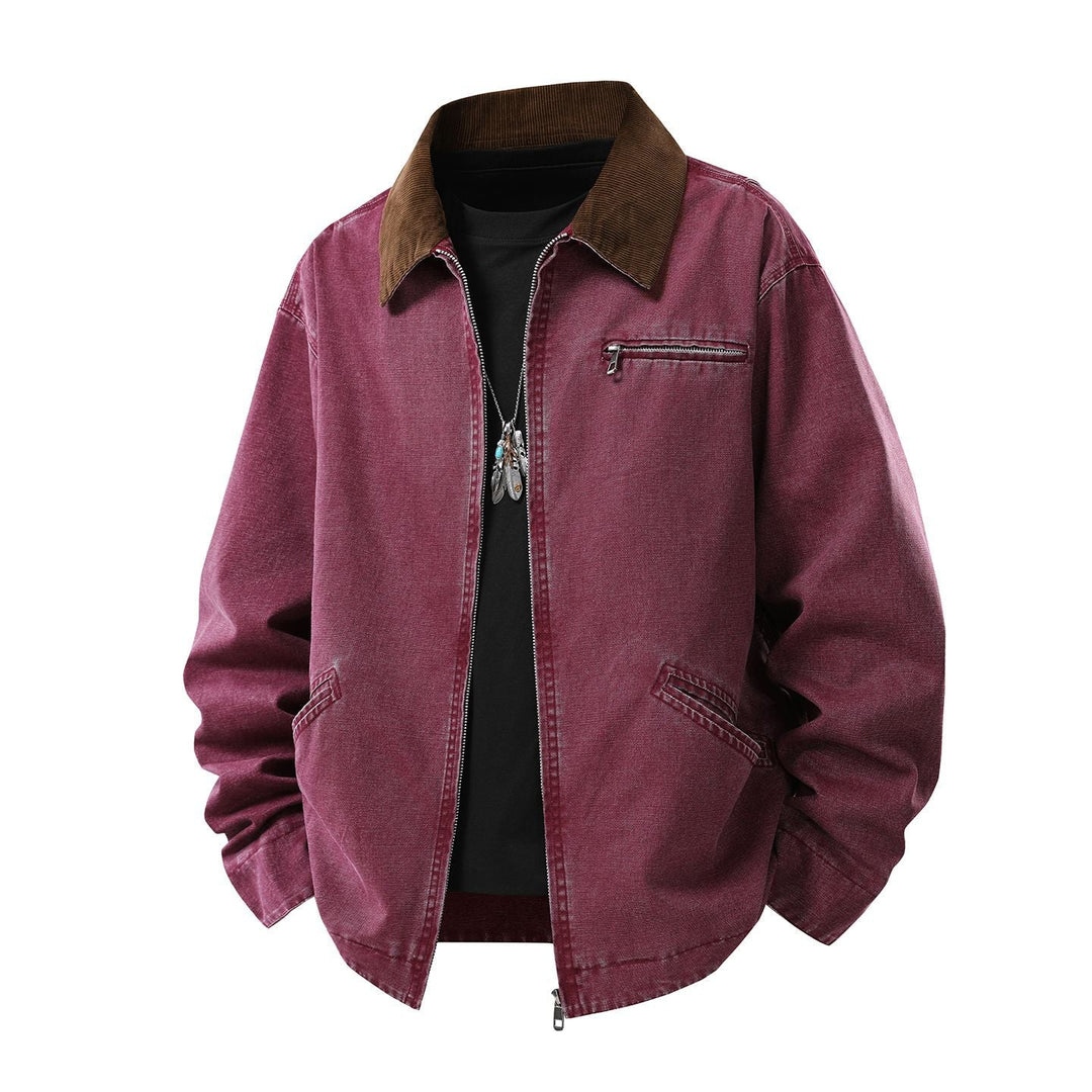 Herr Gewaschene Baumwoll-Workerjacke med Cordkragen och Dragkedja