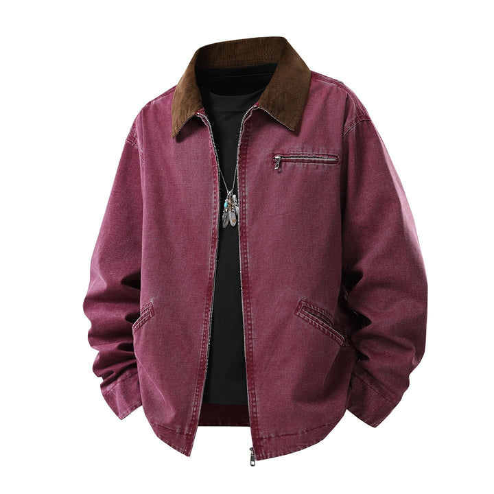 Herr Gewaschene Baumwoll-Workerjacke med Cordkragen och Dragkedja