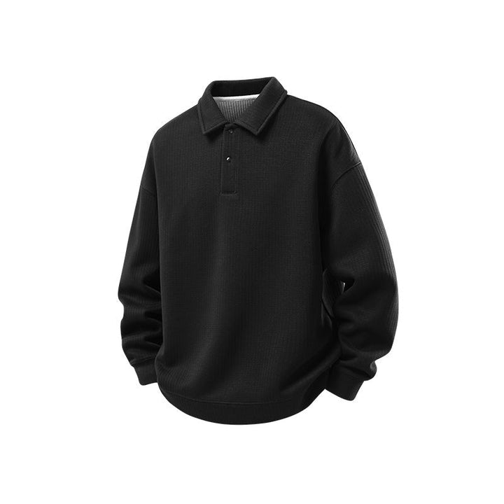 Herr Oversized Waffle Structure Polo Tröja med Halv Knapplist och Ribbstickade Muddar