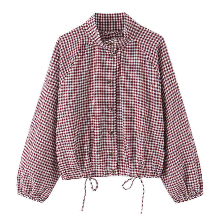 Dam Rutig Gingham Blouson med Drawstring Nederkant, Raglan Ärmar och Stå Krage