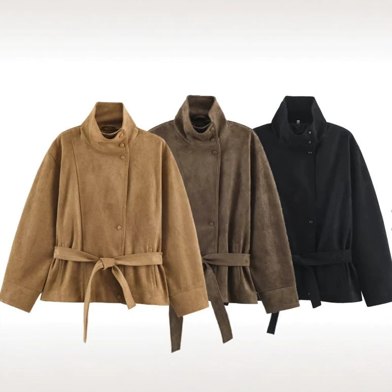 Dam Suede Look Jacka med Hög Stå Krage och Waist Belt