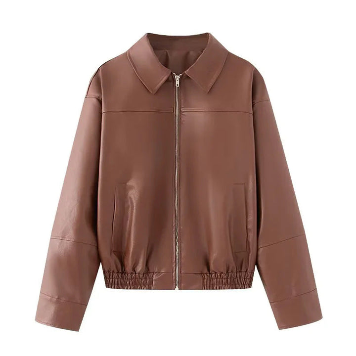 Dam oversized smooth läder look blouson med skjortkrage, alla-över dragkedja och elastic waistband