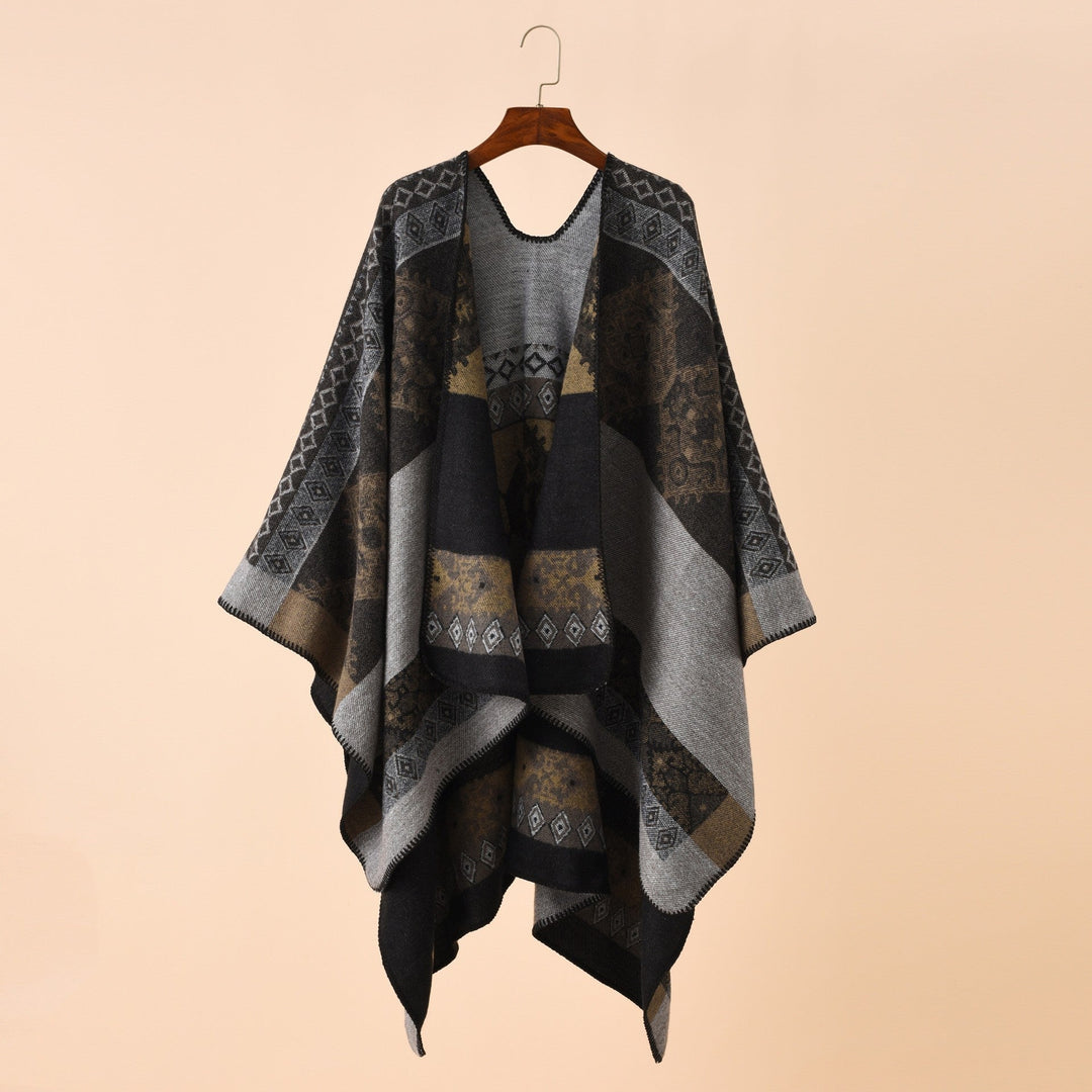 Dam Jacquard poncho Cape med Ethno mönster och ullblandning