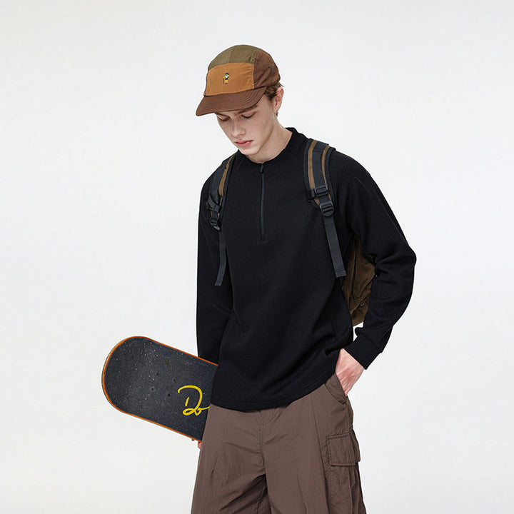 Herr Waffle Structure Halv Dragkedja Pullover med Ståkrage och Avslappnad Passform Drune