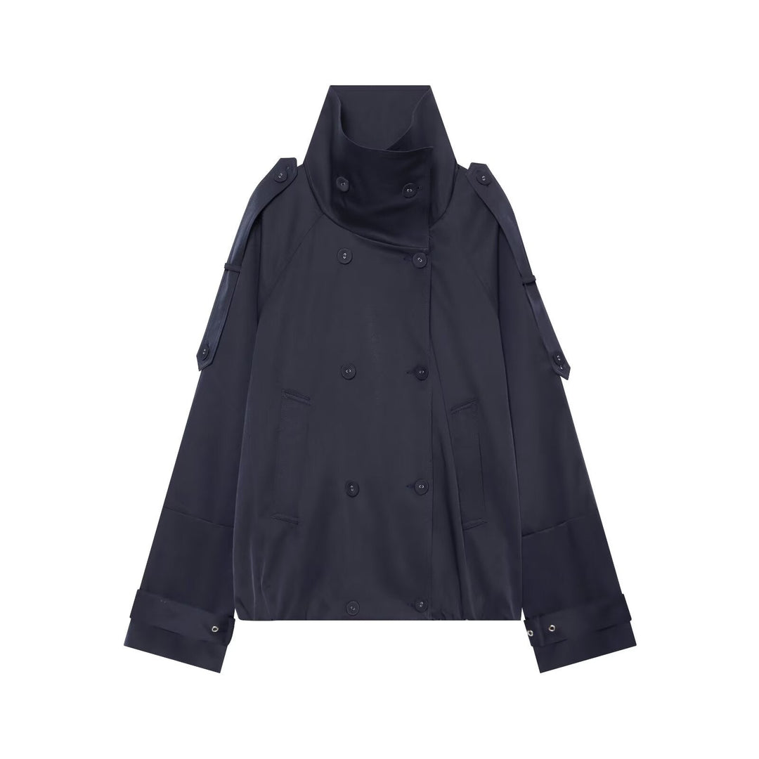 Dam Kort Double-Breasted Cape Trench med Hög Funnel Neck och Ärm Straps