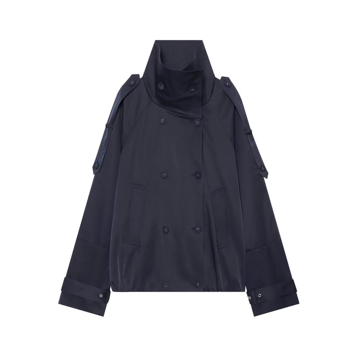 Dam Kort Double-Breasted Cape Trench med Hög Funnel Neck och Ärm Straps