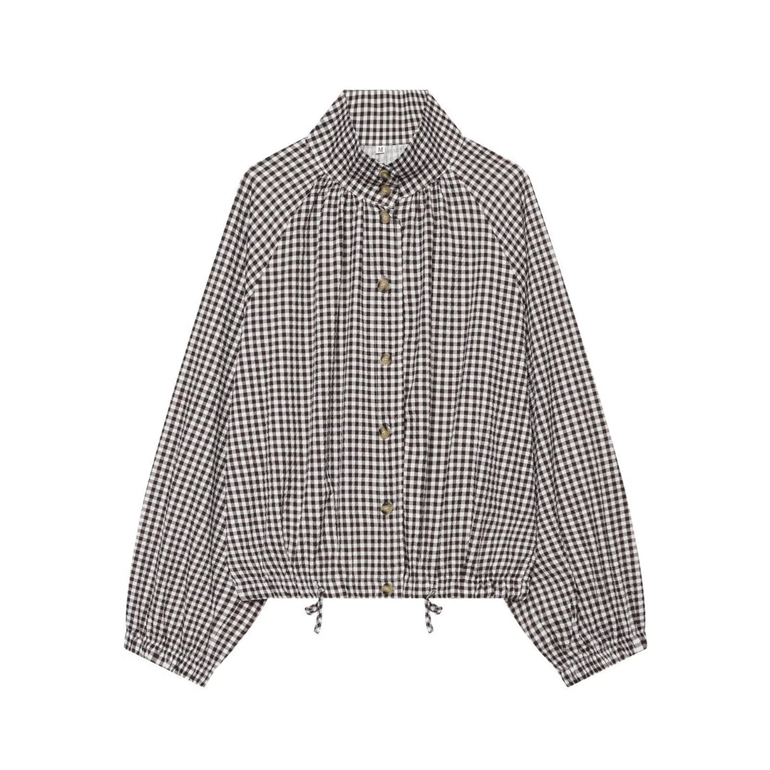 Dam Kort Skärning Checked Skjortjacka med Stå Krage, Raglan Ärmar och Drawstring