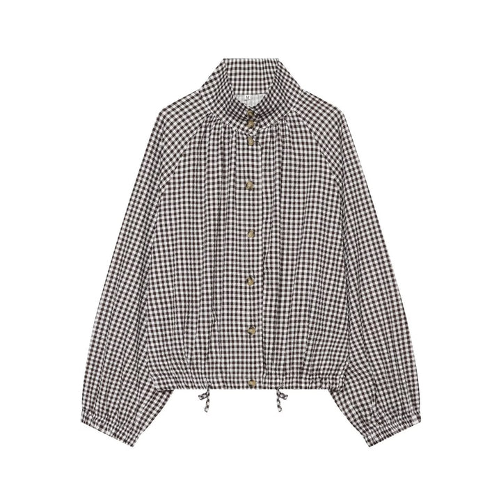 Dam Kort Skärning Checked Skjortjacka med Stå Krage, Raglan Ärmar och Drawstring