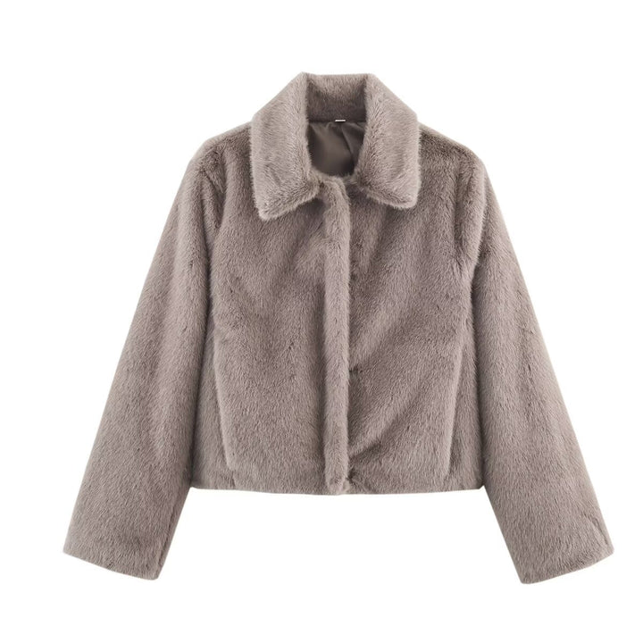 Dam Boxig Konstpäls Kort Jacka med Klassisk Skjortkrage och Velvety Foder