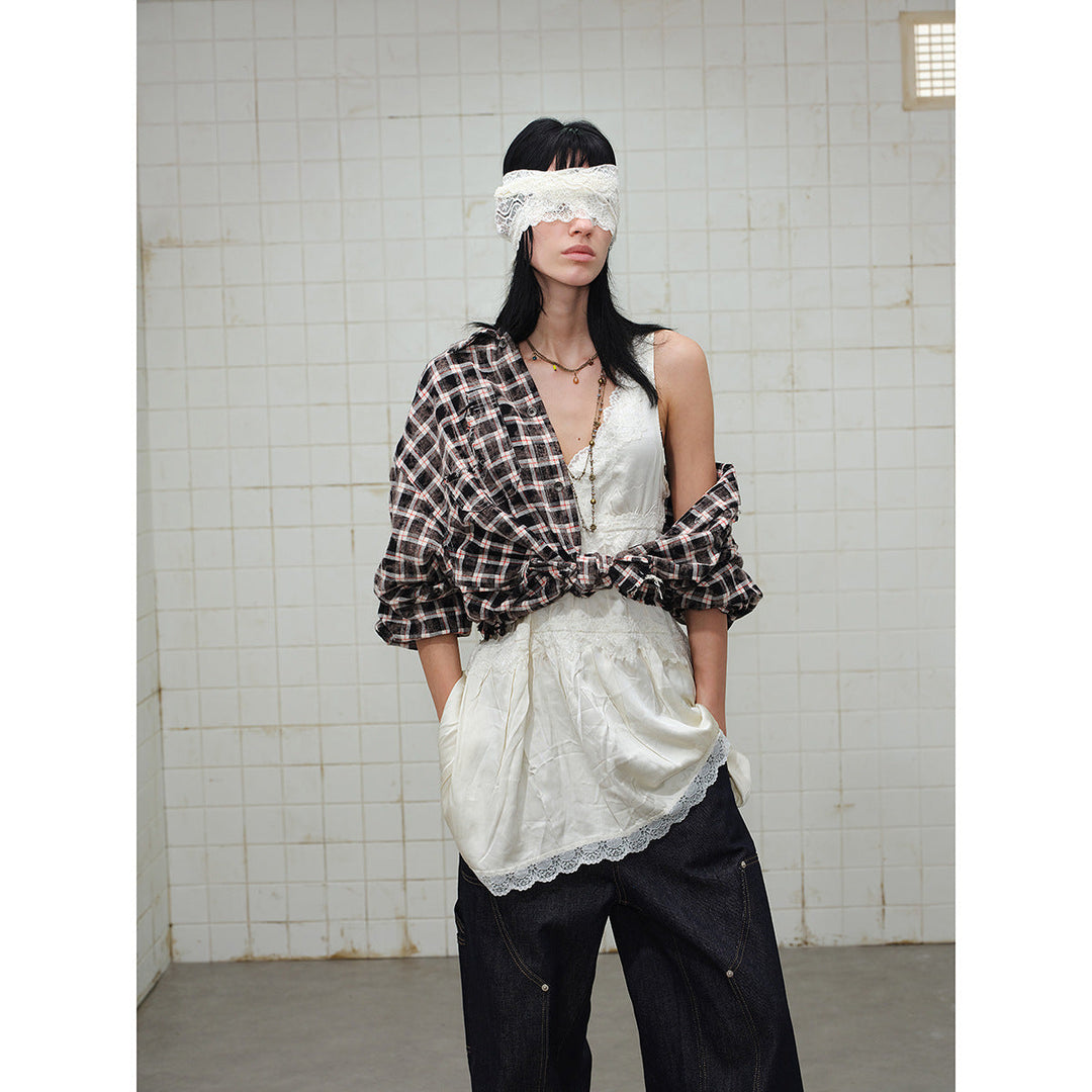 Herr rutig overshirt i arbetewear stil med frayed fåll och double bröstfickor