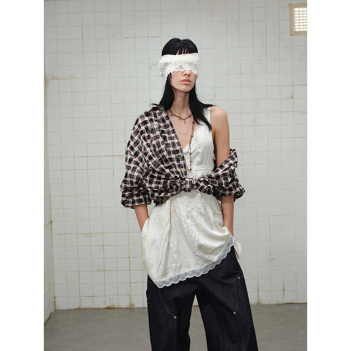 Herr rutig overshirt i arbetewear stil med frayed fåll och double bröstfickor