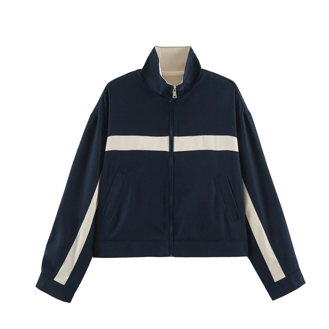 Dam Boxig Kort Övergångsjacka med Stå Krage, Contrast Stripes och Patch Fickor