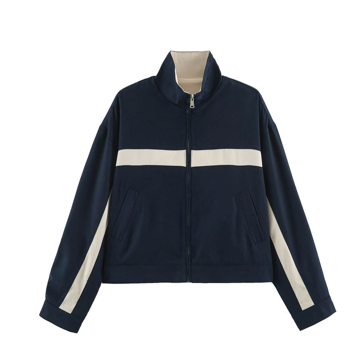 Dam Boxig Kort Övergångsjacka med Stå Krage, Contrast Stripes och Patch Fickor