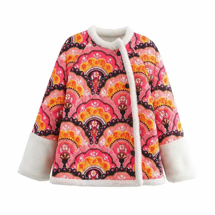 Dam kviltad jacka med teddyfoder och retro-inspired allover tryck