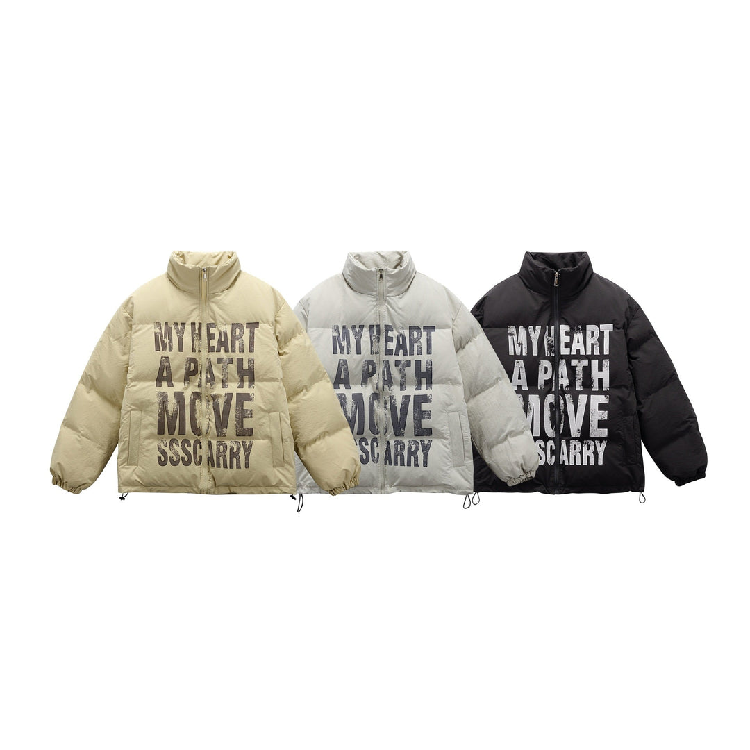 Unisex Oversized Vadderad Jacka med Hög Ståkrage och Statement Tryck