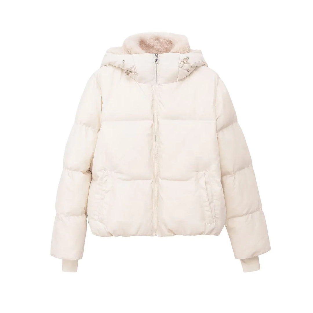 Dam quiltad hooded down-look jacka med teddy foder och hög krage