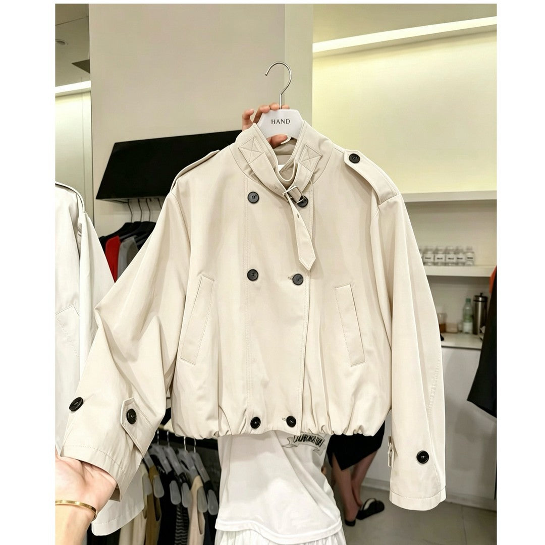 Dam kort Blouson trenchcoat med ståkrage, Double-breasted knappslå och Elastic fåll