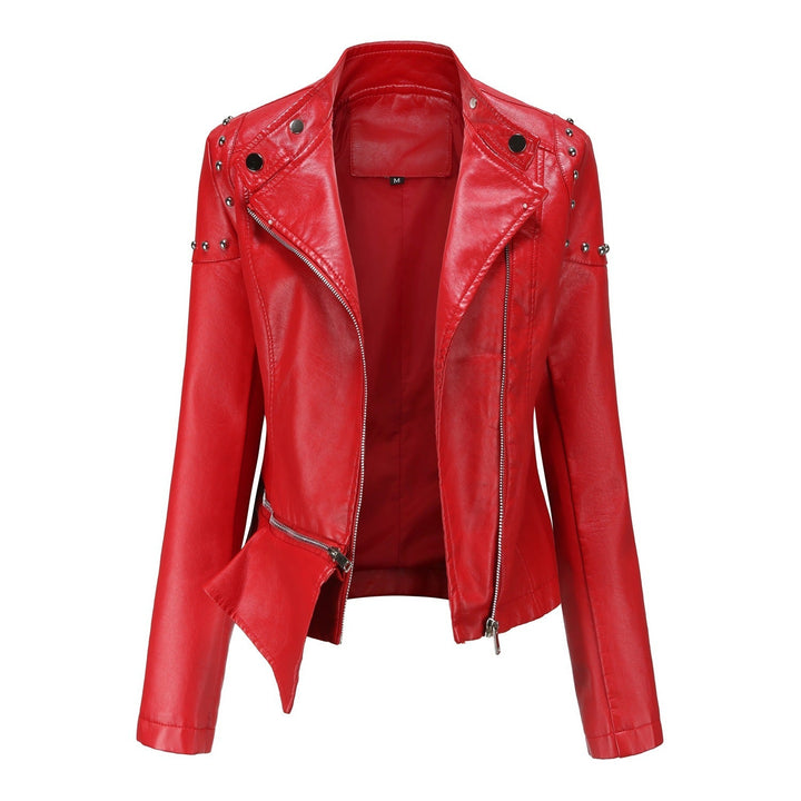 Dam asymmetric konstläder bikerjacka med stud application och figursydd peplum