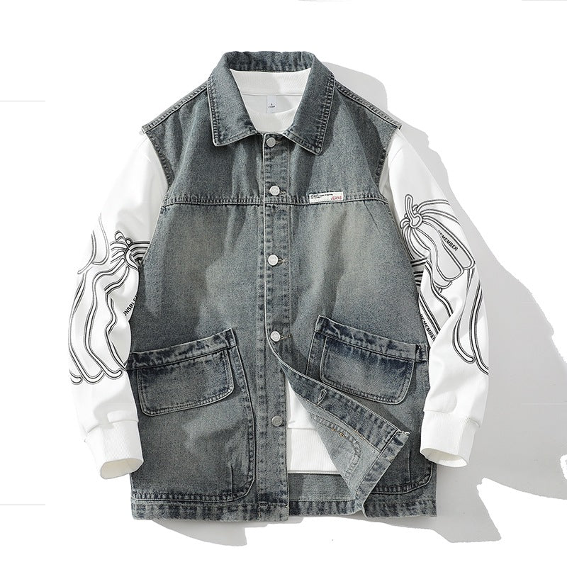 Herr Casual Denim Väst med Integrerad Sweatshirt Ärmar och Stora Lockfickor