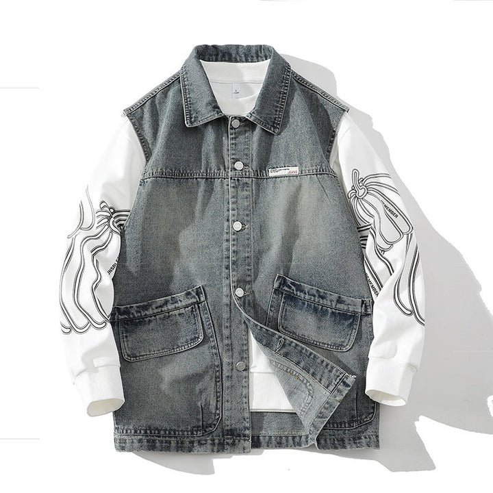 Herr Casual Denim Väst med Integrerad Sweatshirt Ärmar och Stora Lockfickor