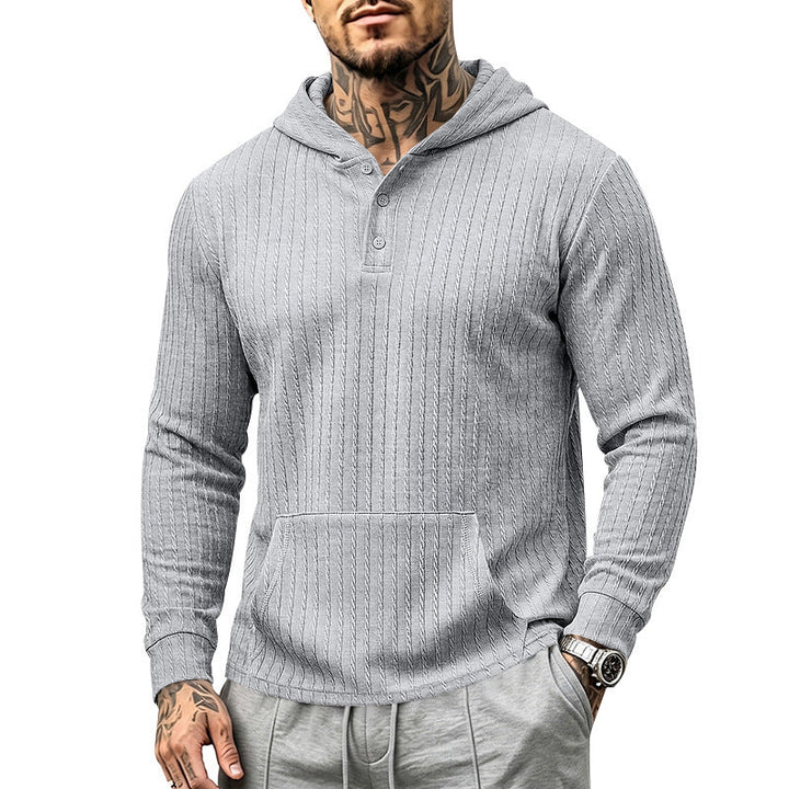 Herr med Huva Henley Pullover med Cable Stickad Structure, Känguruficka och Ribbstickade Muddar