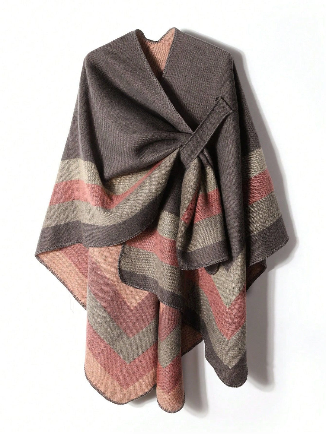 Dam ull-look poncho med asymmetrical block stripes och decorative stitch edge