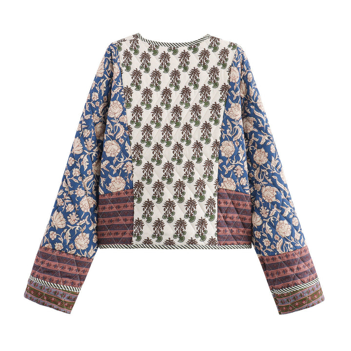 Dam quiltad patchwork kimono jacka med öppen front och påsydda fickor