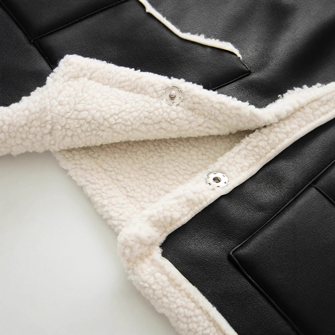 Dam ärmlös Lambskin look väst med Notched krage och utanpåfickor