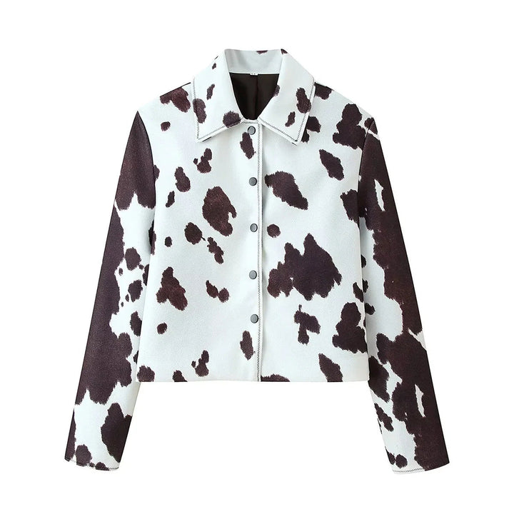 Dam cropped shirt jacka med cow tryck mönster och tryckknäppning