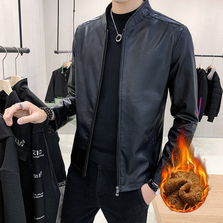 Herr Slim-Fit Konstläder Flight Jacka med Minimalistisk Ståkrage och Dold Zip Knapplist