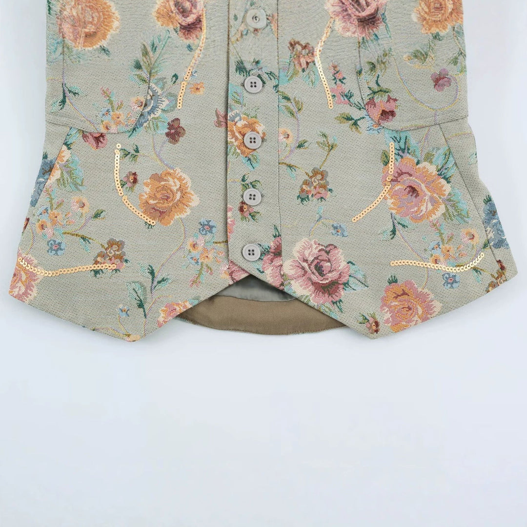 Dam Blommig Jacquard Kort Jacka med Standing Krage, Patch Fickor och Sequin Kant