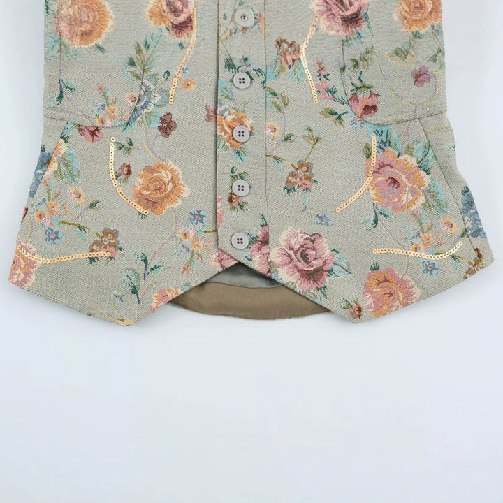 Dam Blommig Jacquard Kort Jacka med Standing Krage, Patch Fickor och Sequin Kant