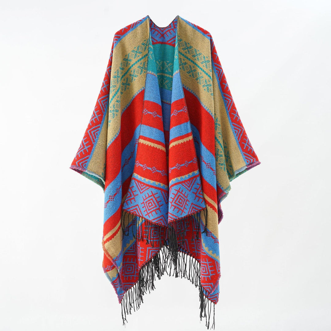 Dam Woven Jacquard poncho med Geometric Ethno mönster och Fringed fåll