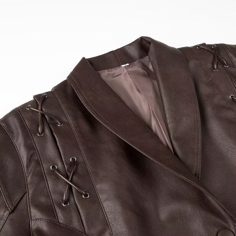 Dam kort blazer läder jacka med Shawl krage, midjebälte och Lacing Detail