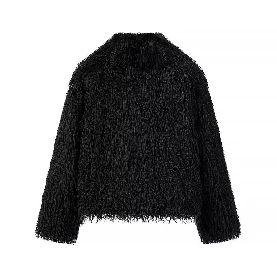 Dam kort Plush Faux Fur jacka med Voluminous Texture