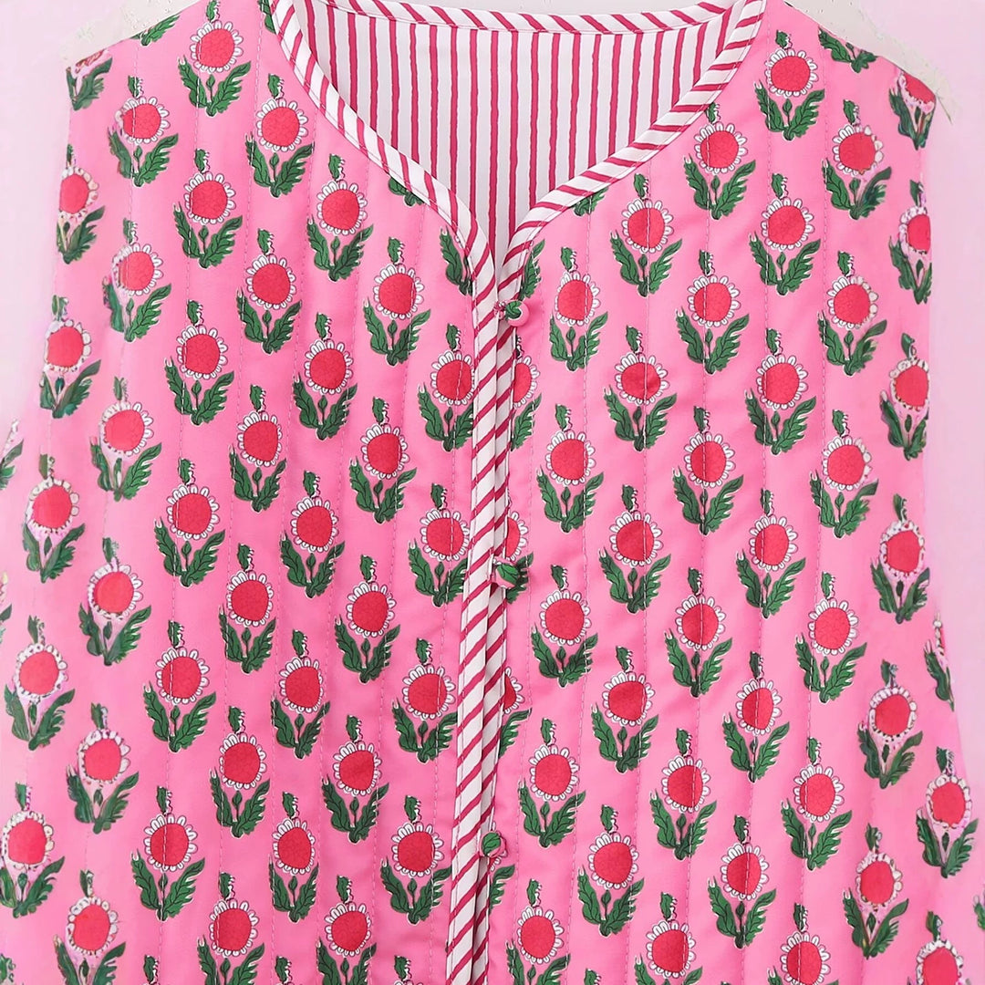Dam Vadderad Quiltad Blouse Jacka med Blommig Heltäckande Tryck och Contrast Piping