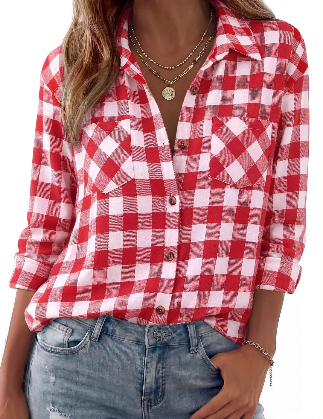 Dam Rutig Oversized Flanell Skjorta Jacka med Bröst Fickor