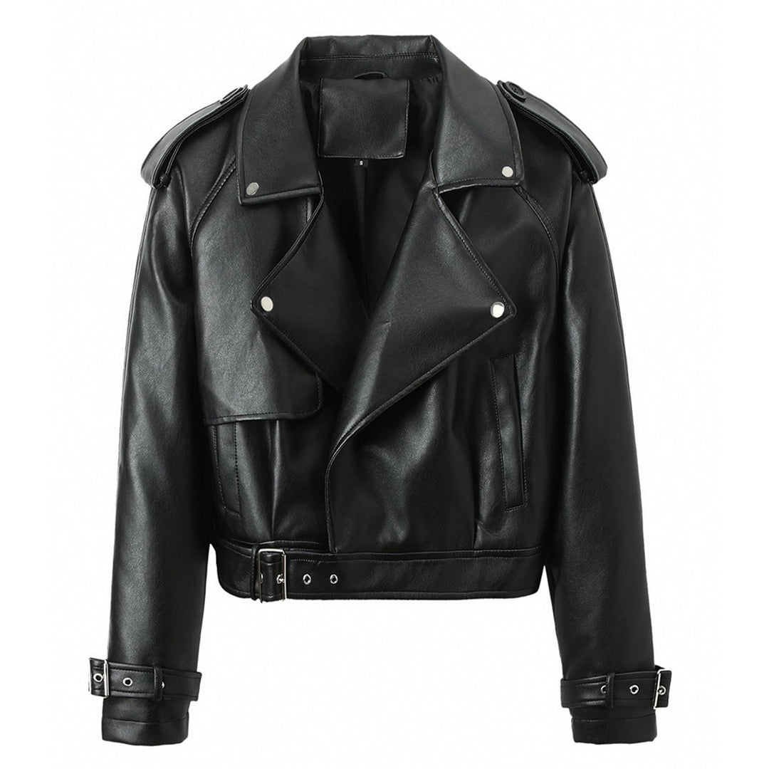 Dam kort Biker trench gjord mjuk konstläder med shoulder straps och buckle muddar
