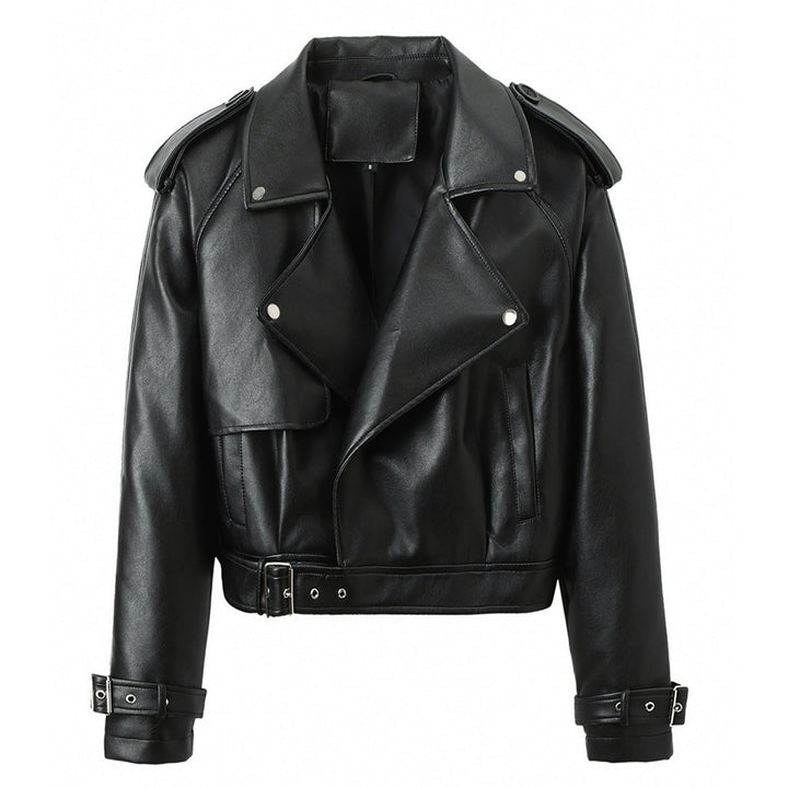 Dam kort Biker trench gjord mjuk konstläder med shoulder straps och buckle muddar